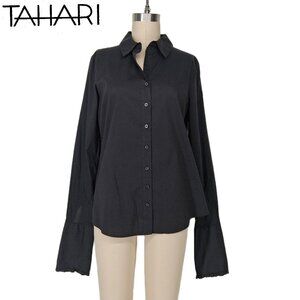 Tahari Black Button Front Shirt French Cuffs Pick Stitch Tailored Stretch SZ M